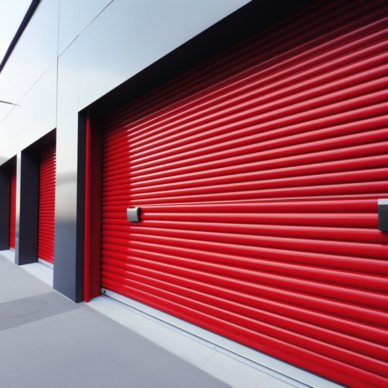 Red rolling steel door.