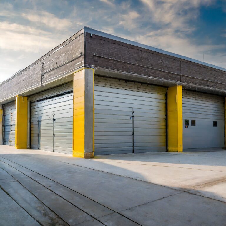 Industrial rolling coiling overhead door in a commercial building
