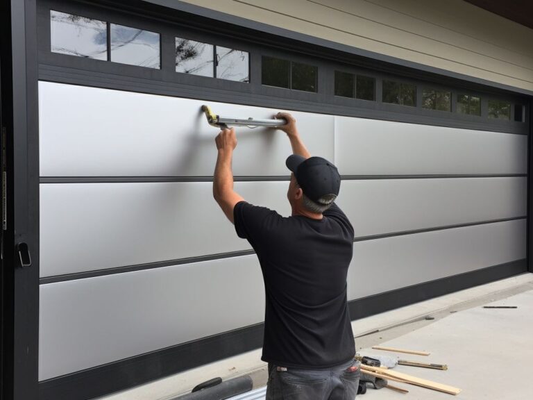 Broken garage door panel being replaced by a professional technician