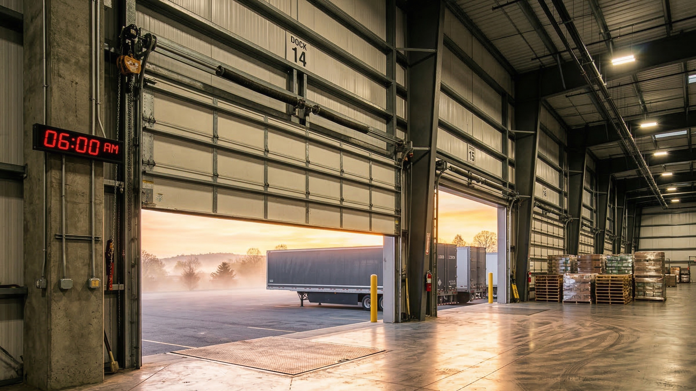 Commercial warehouse loading dock with a steel rolling door half-open at sunrise, digital clock showing 6:00 AM, warm golden morning light flooding the concrete floor — illustrating the importance of door timer synchronization during Daylight Saving Time.