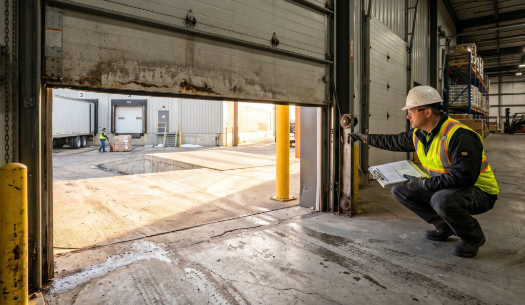 Facility manager inspecting a commercial overhead door for hidden winter damage at a loading dock during a spring maintenance audit